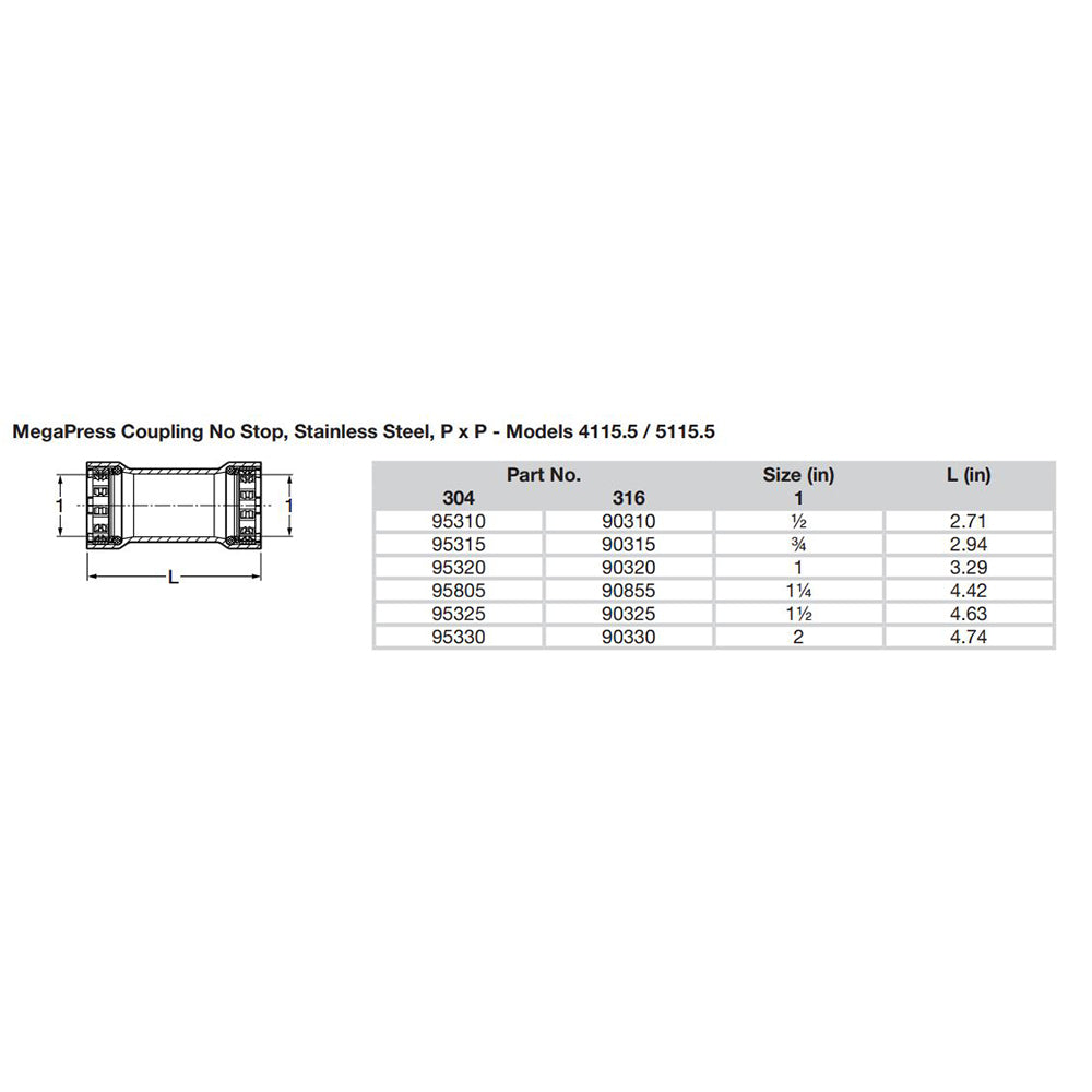 Viega MegaPress 3/4" Stainless Steel 304 Coupling w/o Stop - Double Press Connection - Smart Connect Technology [95315]