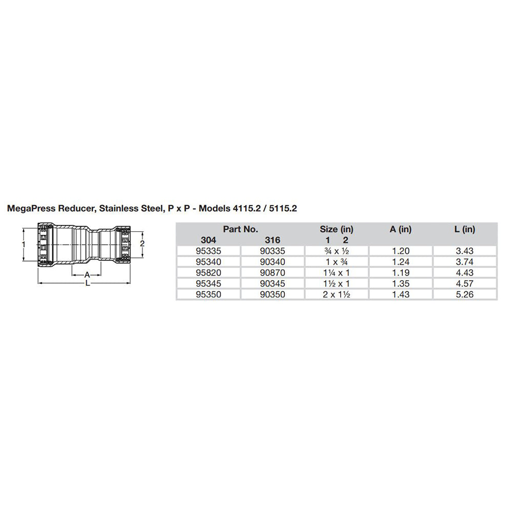 Viega MegaPress 1-1/2" x 1" Stainless Steel 304 Reducer - Double Press Connection - Smart Connect Technology [95345]